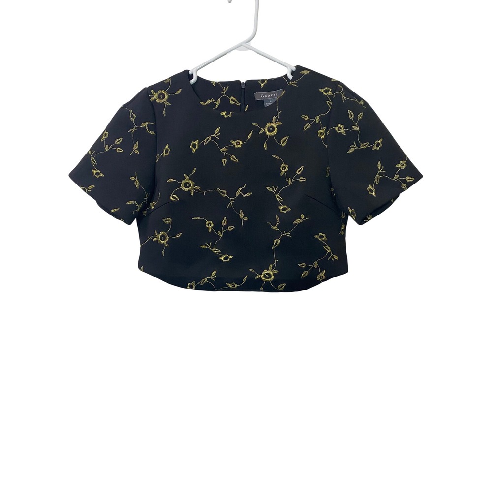 Gracia Black Gold Floral Embroidered Scuba Crop Top Blouse Size Medium NWT